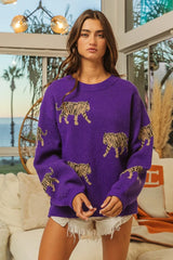 BiBi Tiger Pattern Long Sleeve Sweater - Wellen Fashion