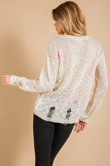 Kori America Heart Pattern Distressed Sweater - Wellen Fashion