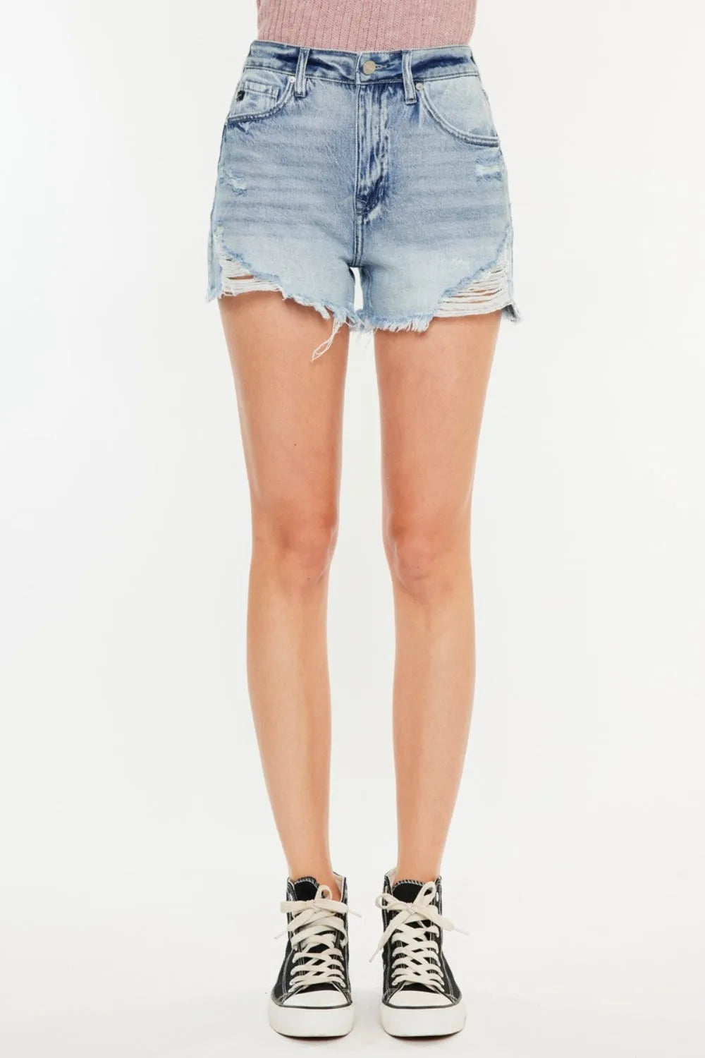 Kancan Distressed High Waist Denim Shorts with Pockets - Wellen Fashion