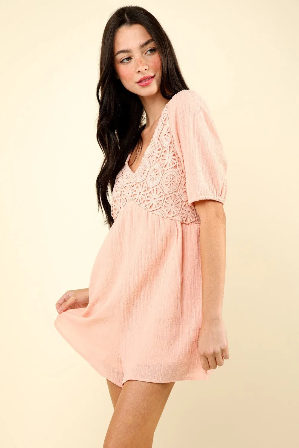 VERY J Lace Detail Puff Sleeve Romper with Pockets - Wellen Fashion