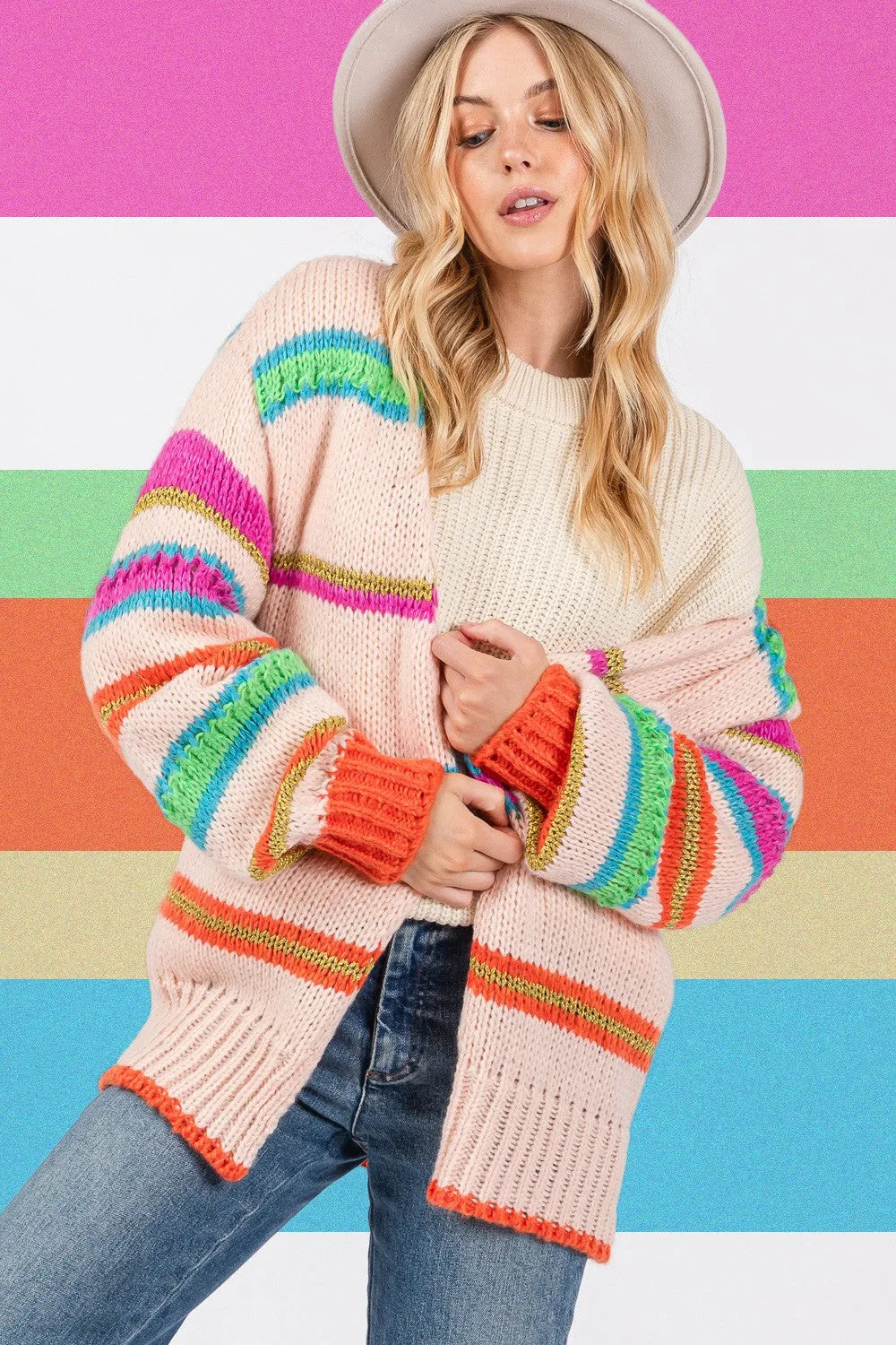 SAGE + FIG Rainbow Striped Open Front Knit Cardigan - Wellen Fashion