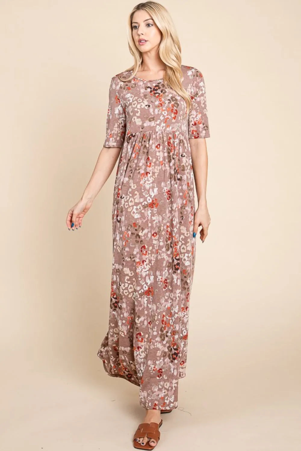 BOMBOM Printed Shirred Maxi Dress - Wellen Fashion