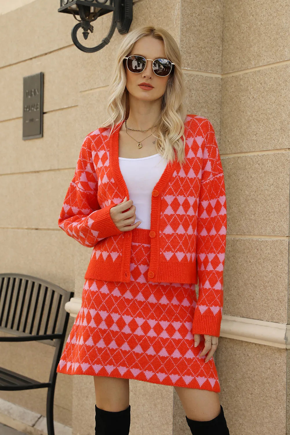 Geometric Button Front Cardigan and Skirt Set - Wellen Fashion