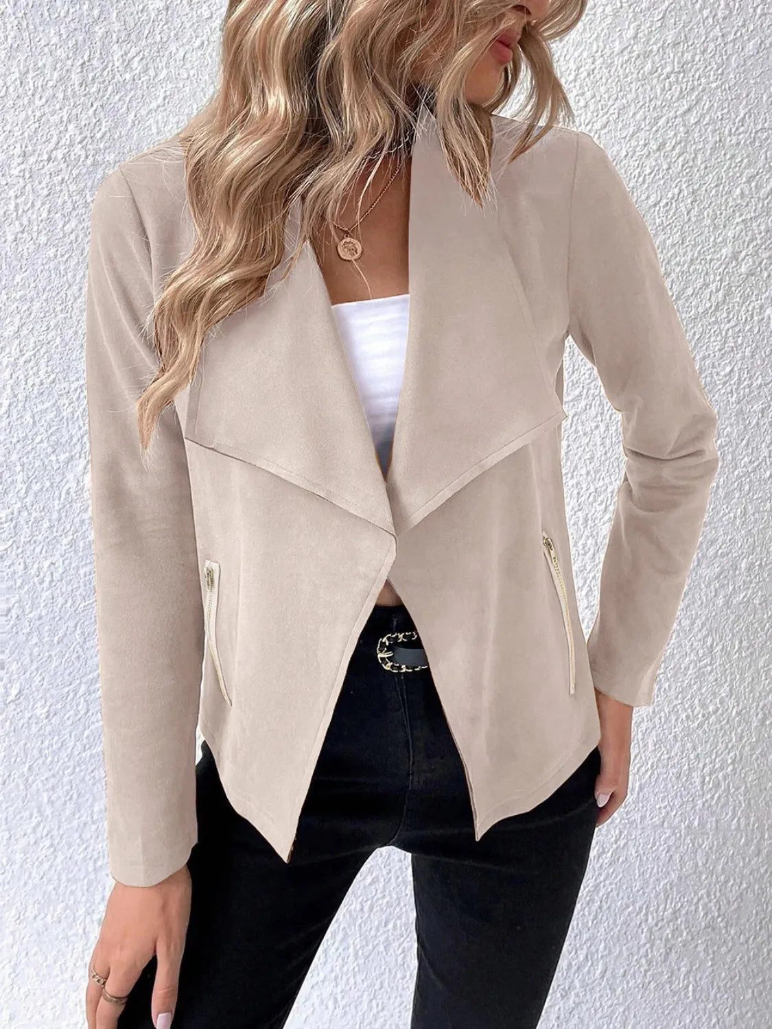 Collared Neck Long Sleeve Jacket - Wellen Fashion