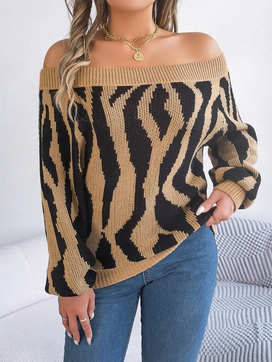 Off-Shoulder Animal Print Long Sleeve Sweater - Wellen Fashion