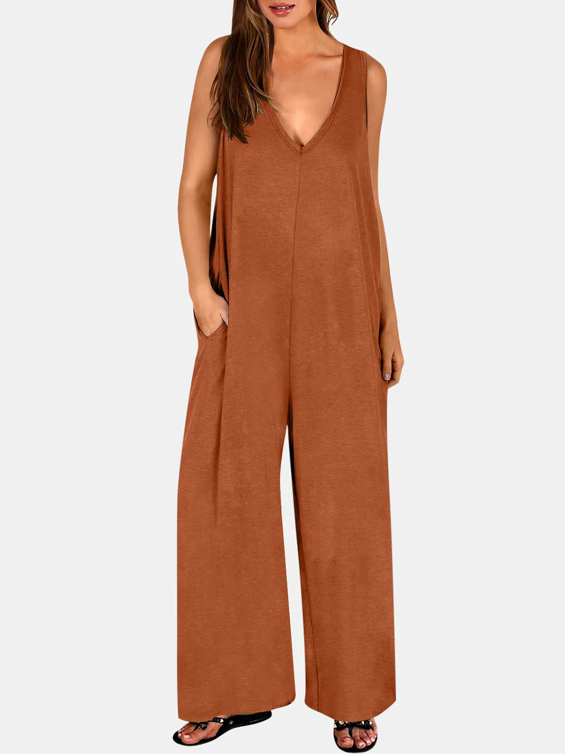 Full Size V-Neck Wide Strap Jumpsuit - Wellen Fashion