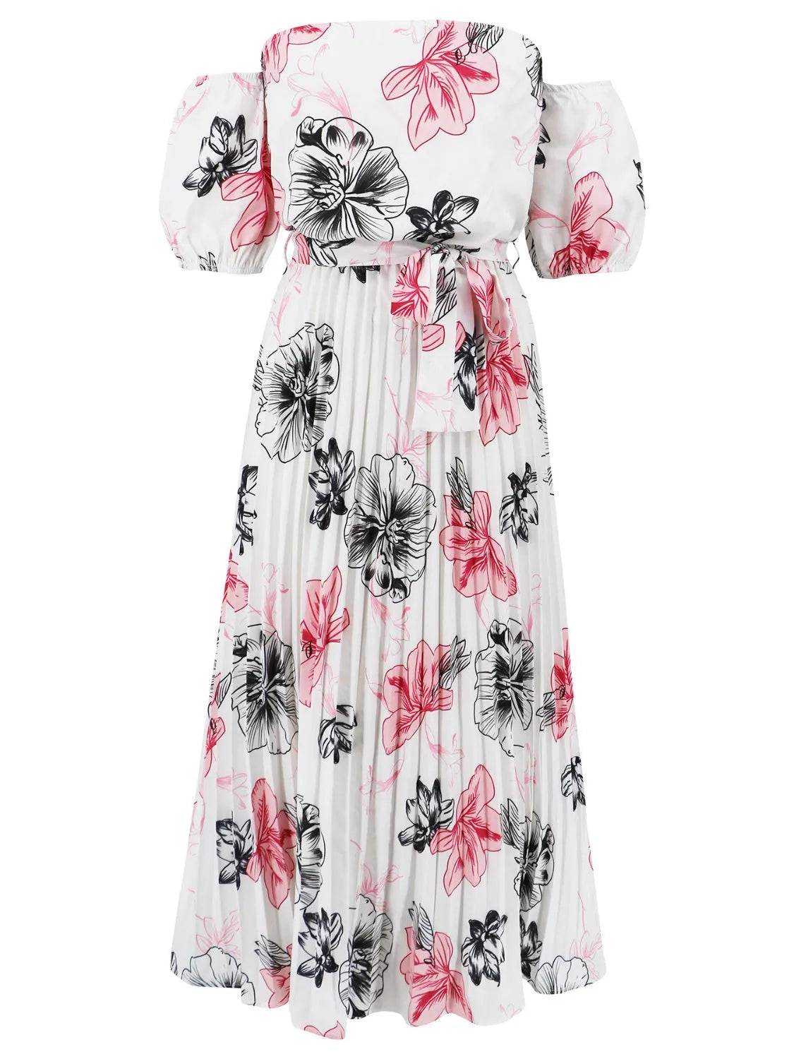 Pleated Floral Off-Shoulder Short Sleeve Midi Dress - Wellen Fashion