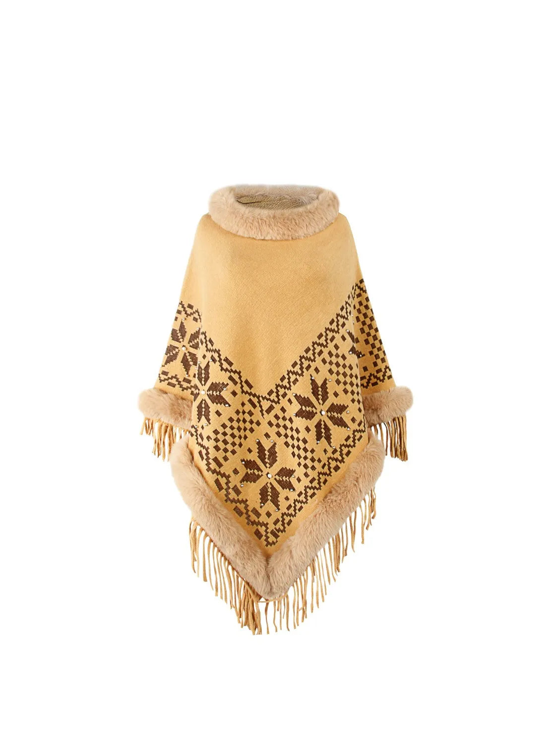 Fringe Geometric Cape Sleeve Poncho - Wellen Fashion