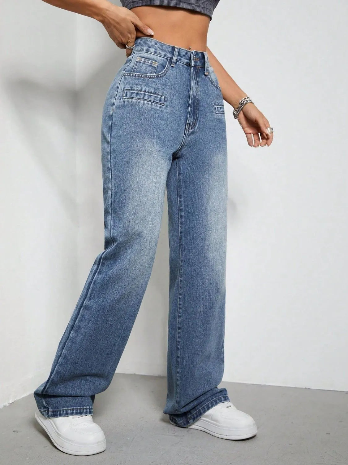 High Rise Wide Leg Jeans with Pockets - Wellen Fashion