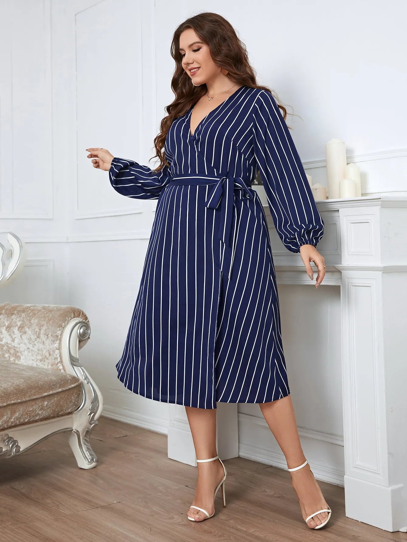 Honey Melo Apparel Plus Size Striped Surplice Neck Long Sleeve Dress - Wellen Fashion