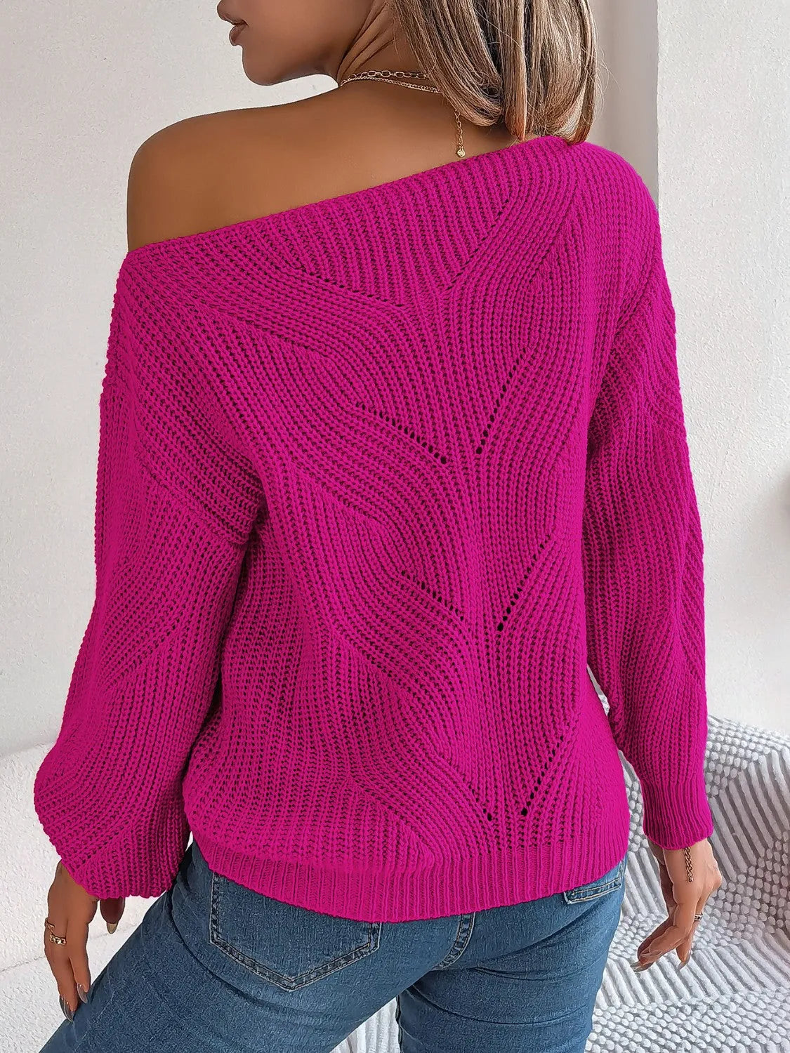 Openwork Long Sleeve Sweater - Wellen Fashion