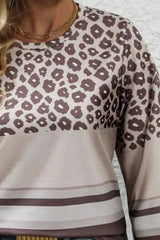 Plus Size Leopard Round Neck Long Sleeve Top - Wellen Fashion