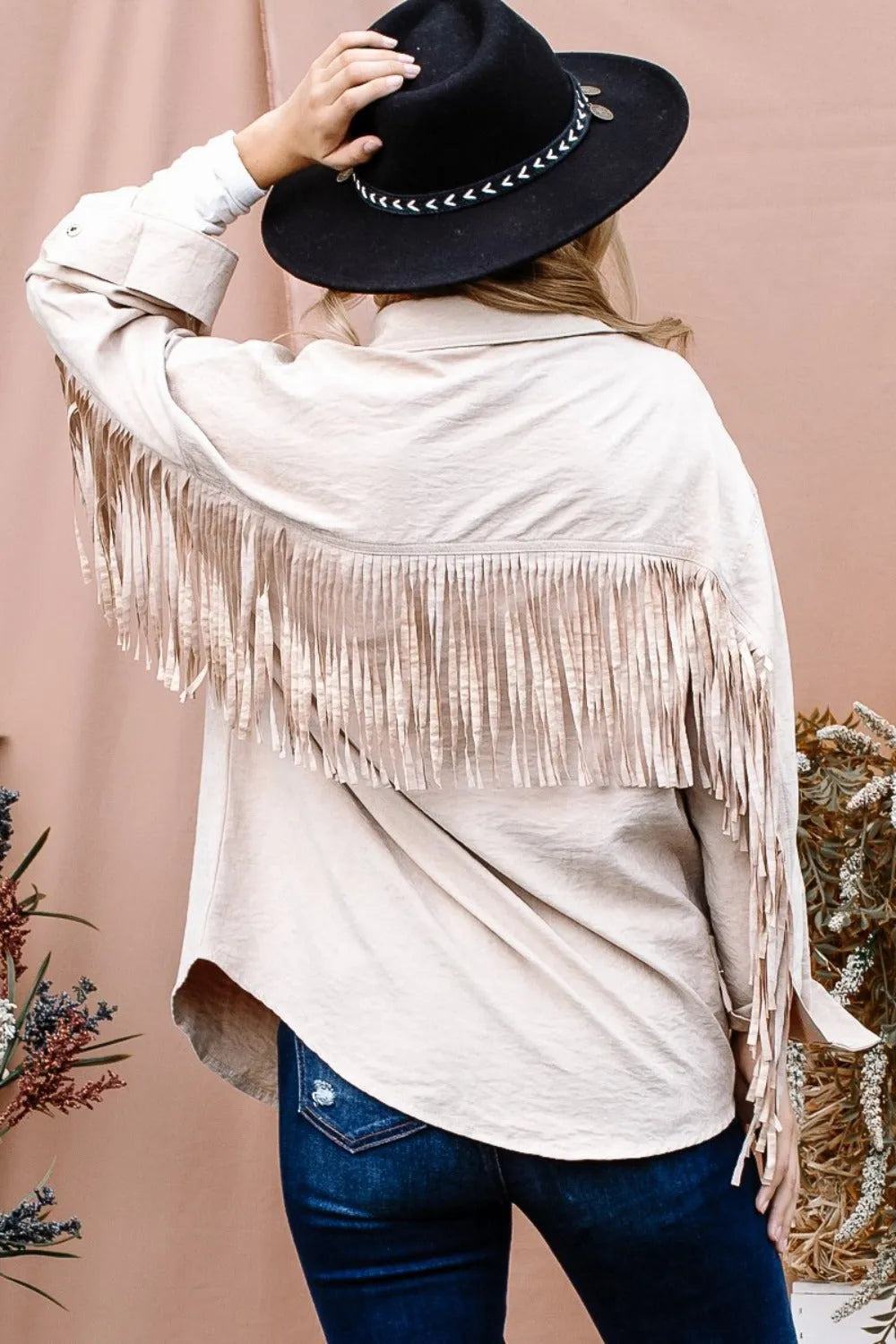 And The Why Full Size Fringe Back Detailed Button Down Shacket - Wellen Fashion