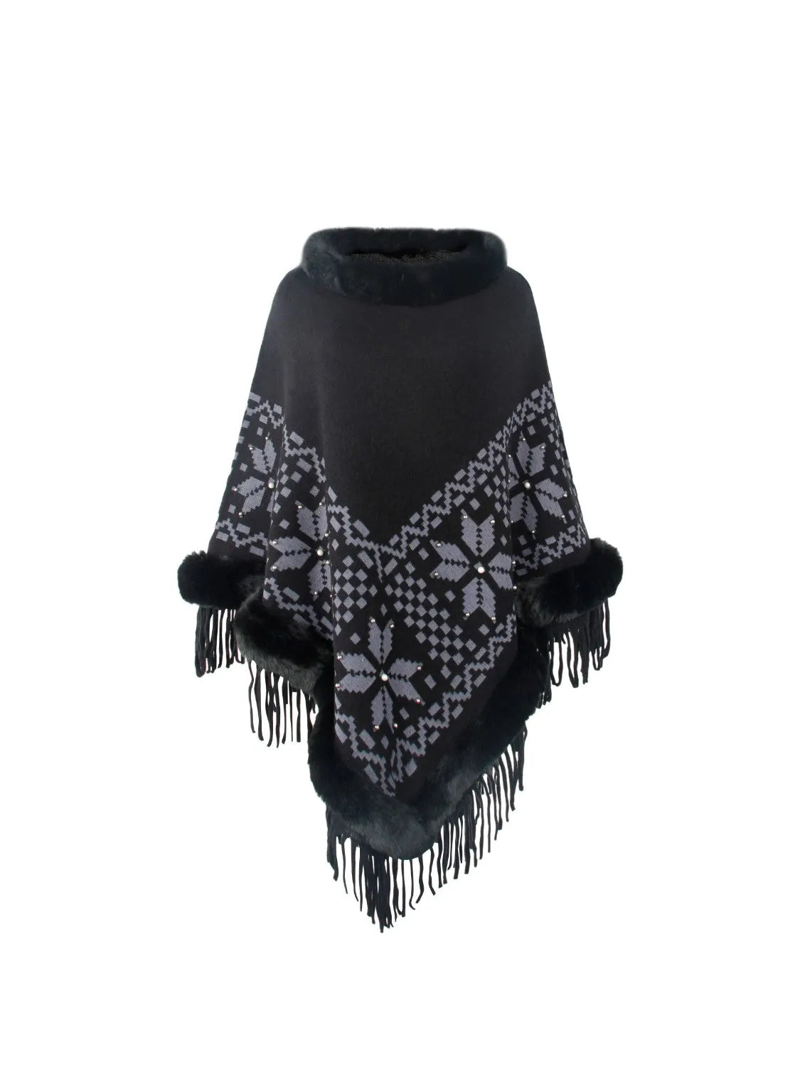 Fringe Geometric Cape Sleeve Poncho - Wellen Fashion