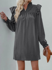 Perfee Ruffled Notched Long Sleeve Mini Dress - Wellen Fashion