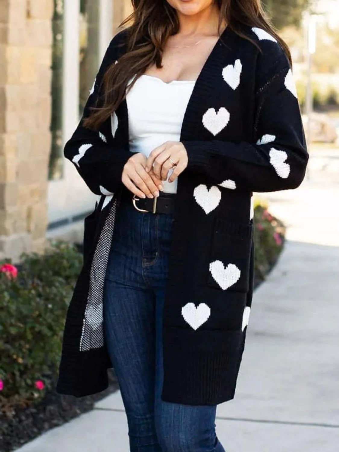 Heart Open Front Long Sleeve Cardigan - Wellen Fashion