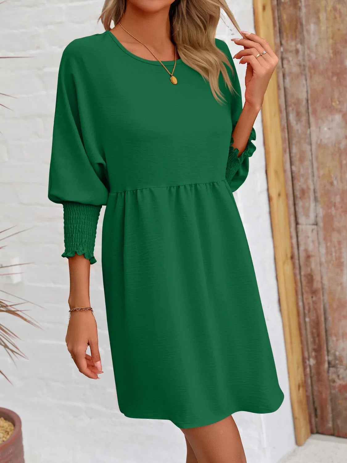 Round Neck Lantern Sleeve Mini Dress - Wellen Fashion