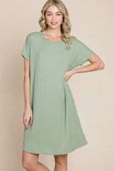 BOMBOM Ribbed Round Neck Short Sleeve Dress - Wellen Fashion