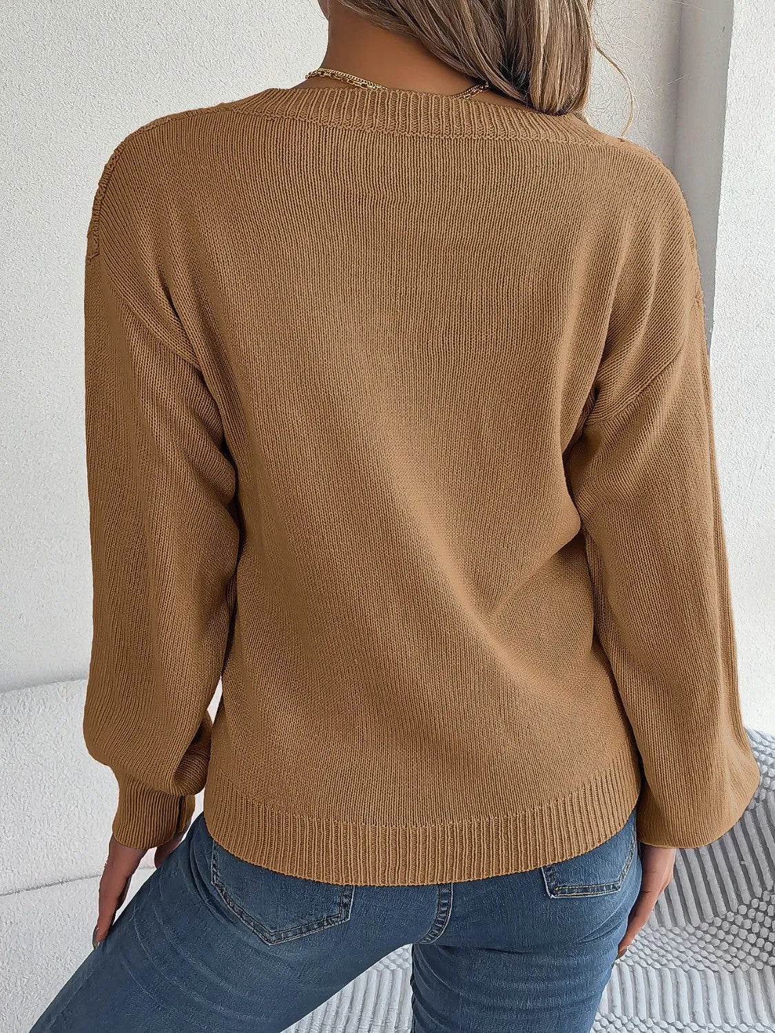 Cable-Knit V-Neck Lantern Sleeve Sweater - Wellen Fashion