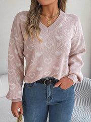 Heart Pattern V-Neck Long Sleeve Sweater - Wellen Fashion