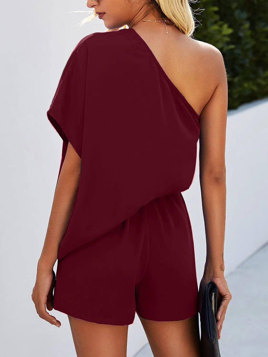 Single Shoulder Batwing Sleeve Romper - Wellen Fashion