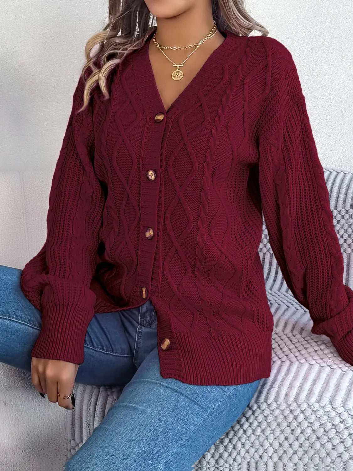 Cable-Knit Long Sleeve Cardigan - Wellen Fashion