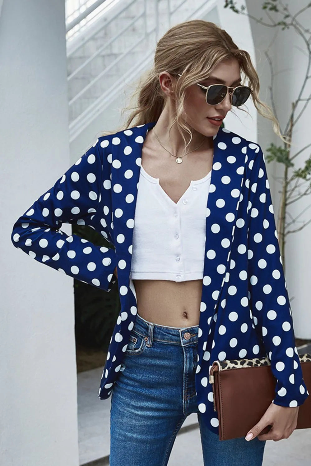 Polka Dot Long Sleeve Blazer - Wellen Fashion