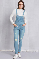 Distressed Washed Denim Overalls with Pockets - Wellen Fashion