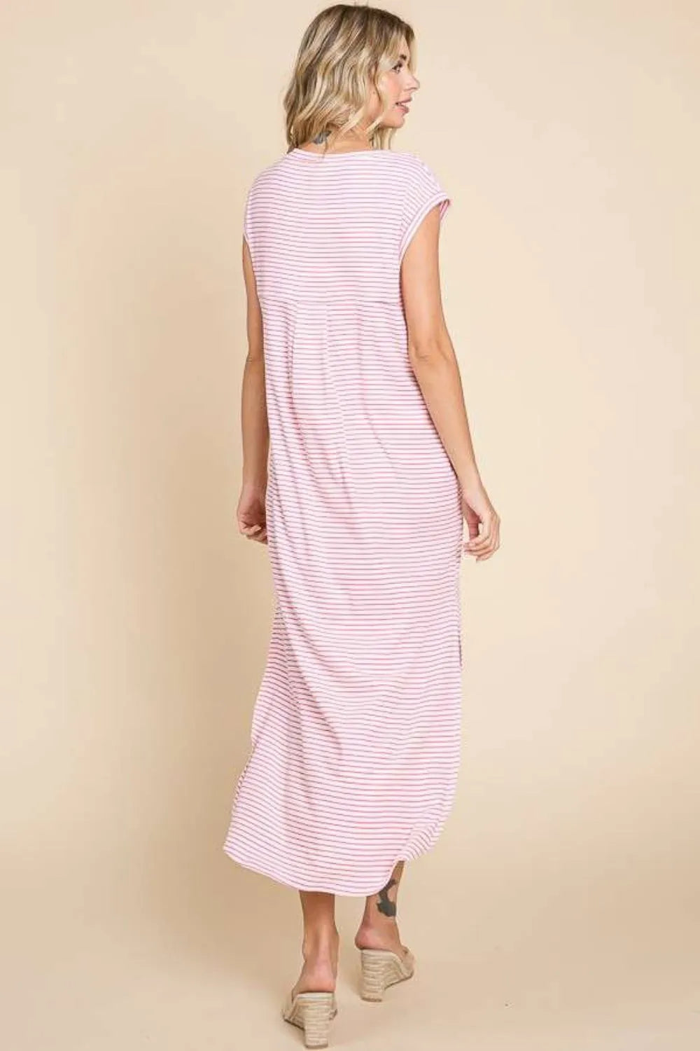 Culture Code Full Size Striped V-Neck Slit Dress with Pockets - Wellen Fashion