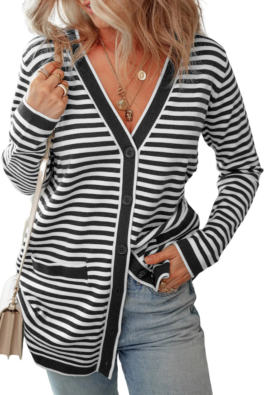 Striped Open Front Long Sleeve Cardigan - Wellen Fashion