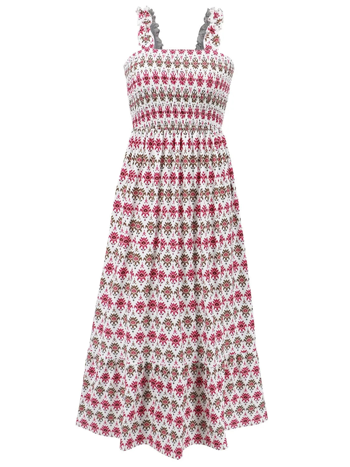 Smocked Printed Square Neck Sleeveless Dress - Wellen Fashion