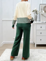 Devine Slit Striped Round Neck Top and Pants Sweater Set - Wellen Fashion