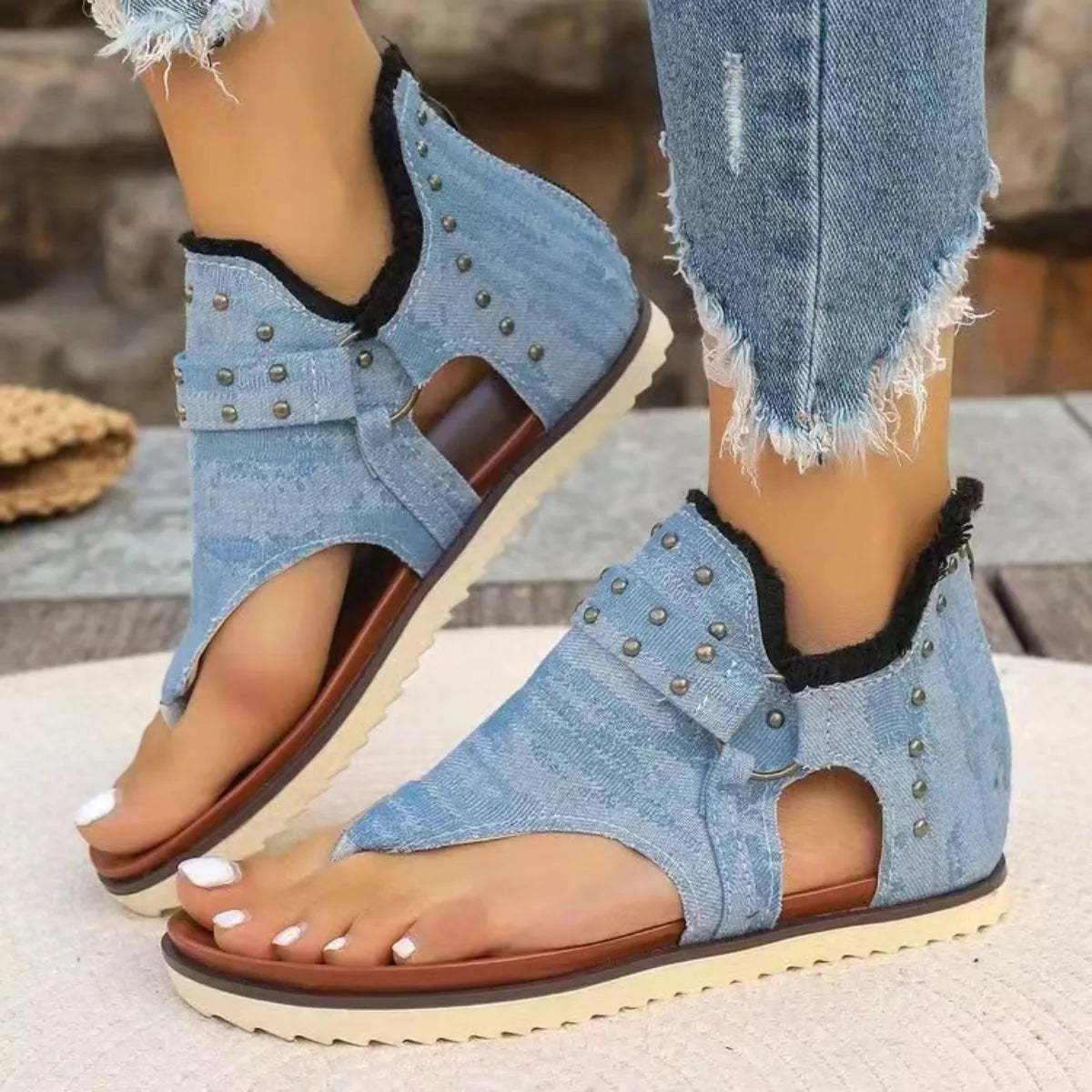 Studded Raw Hem Flat Sandals - Wellen Fashion