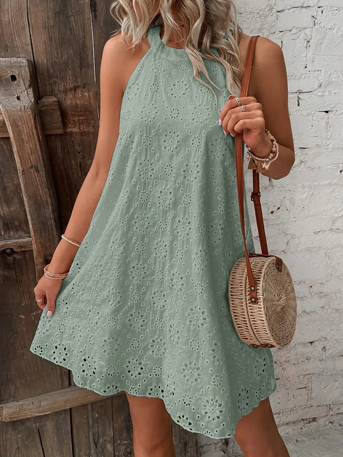 Eyelet Grecian Neck Mini Dress - Wellen Fashion