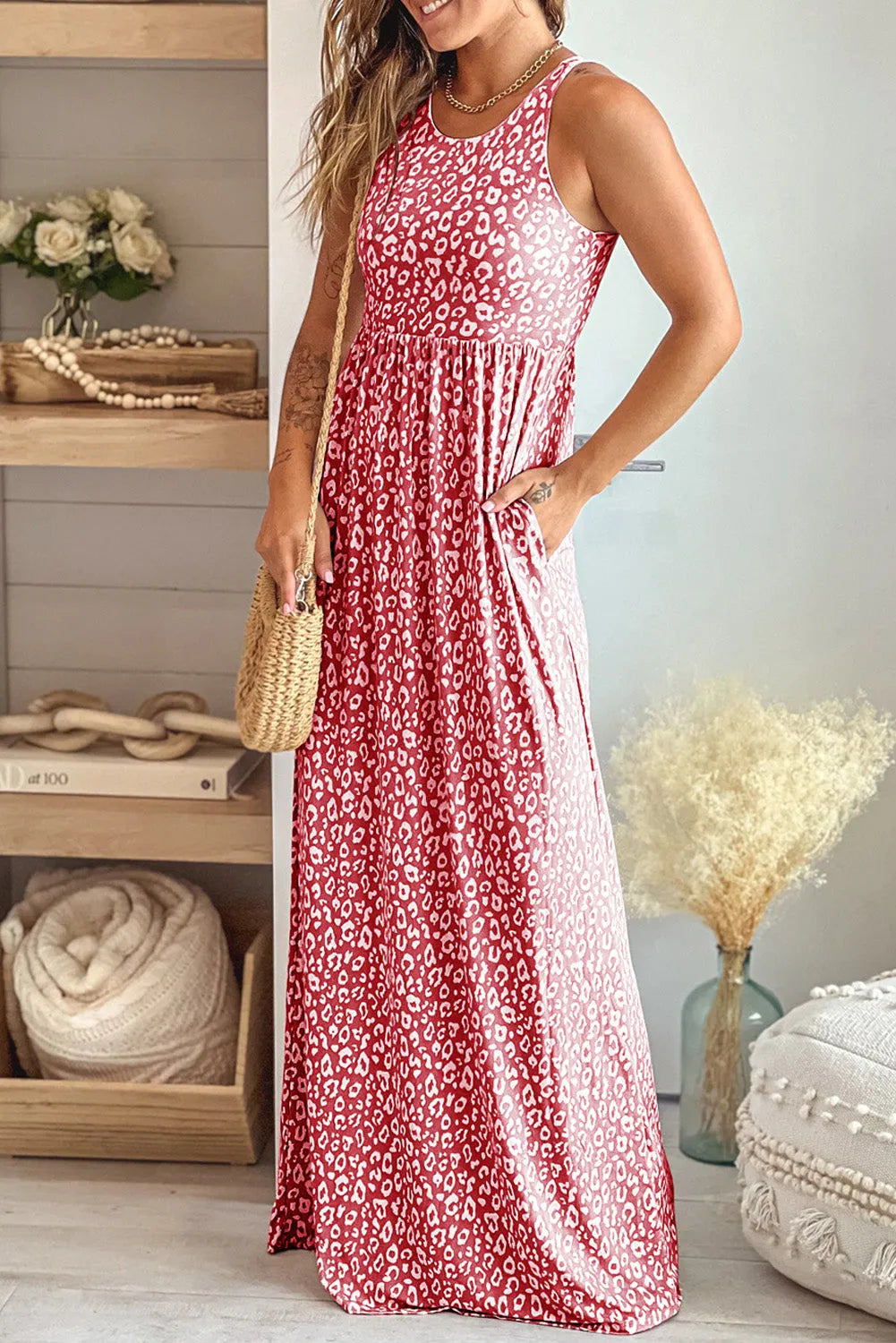 Leopard Round Neck Sleeveless Maxi Dress - Wellen Fashion