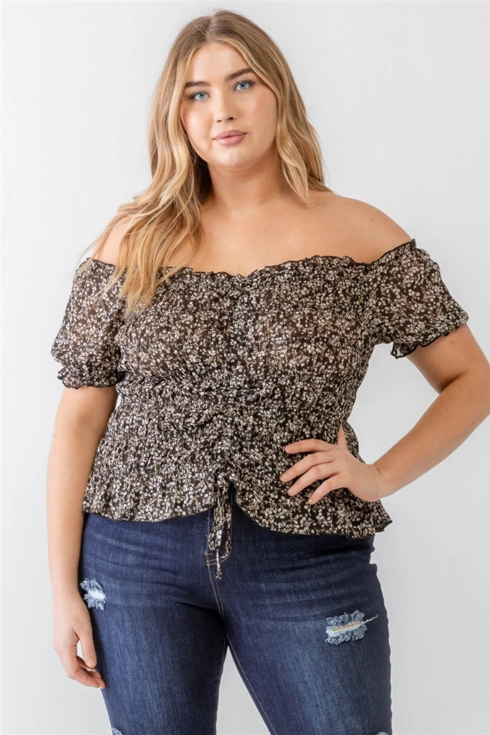 Zenobia Plus Size Frill Ruched Off-Shoulder Short Sleeve Blouse - Wellen Fashion