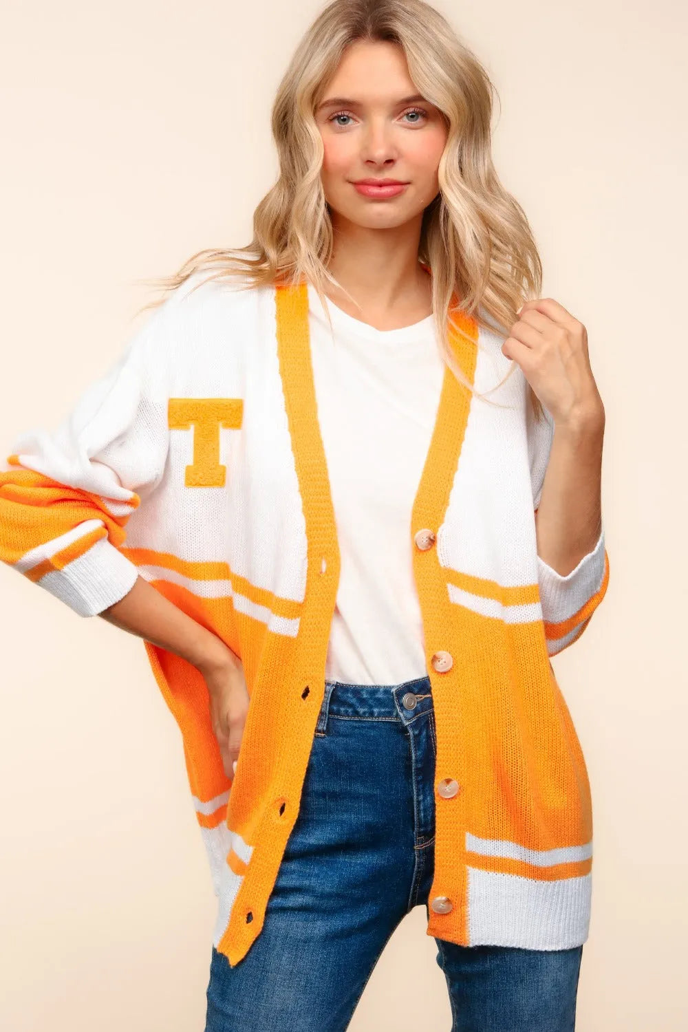 Haptics V Neck Button Down Letter Patch Cardigan - Wellen Fashion