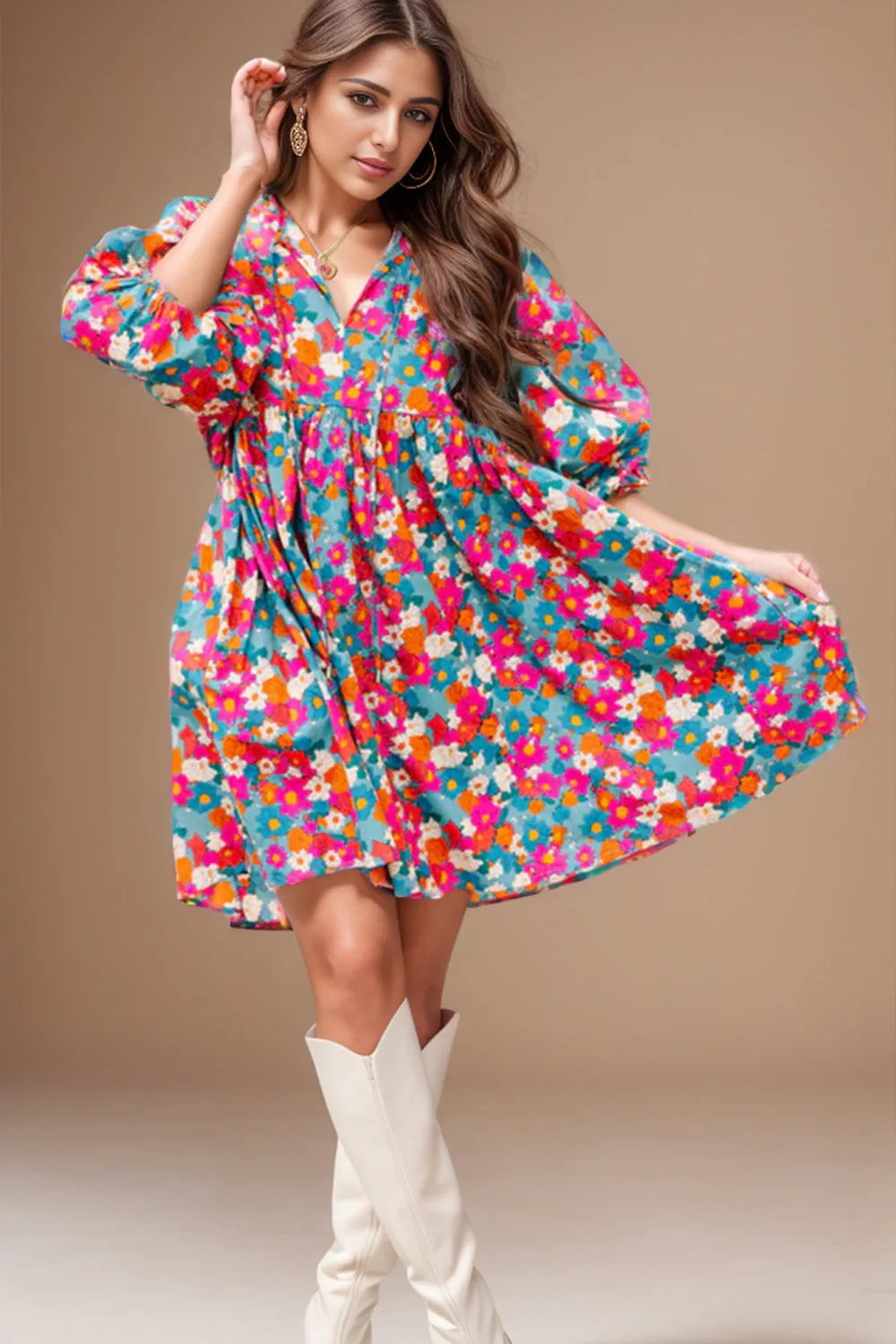 Floral Tie Neck Puff Sleeve Mini Dress - Wellen Fashion