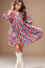 Floral Tie Neck Puff Sleeve Mini Dress - Wellen Fashion