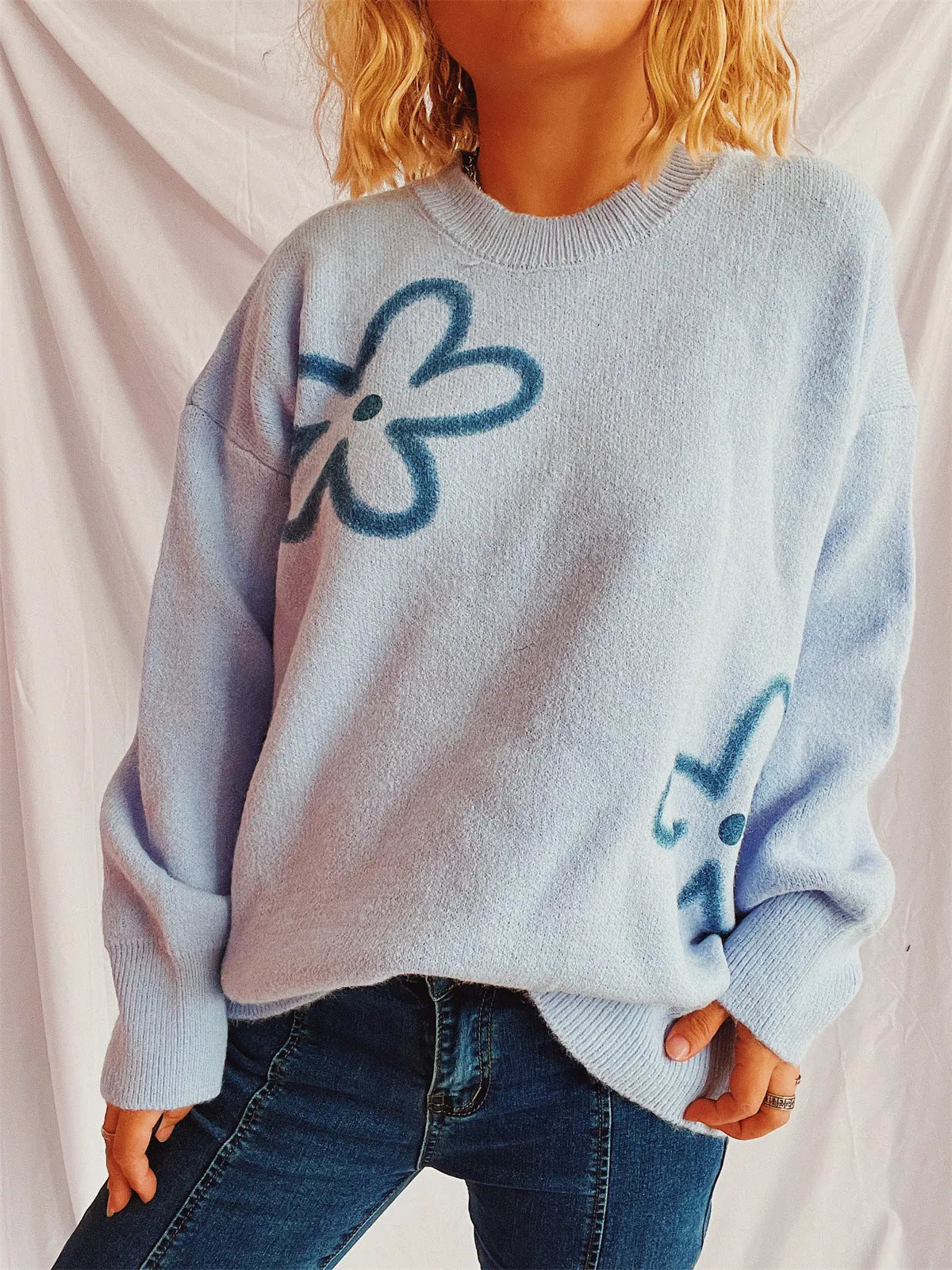 Flower Round Neck Long Sleeve Sweater - Wellen Fashion