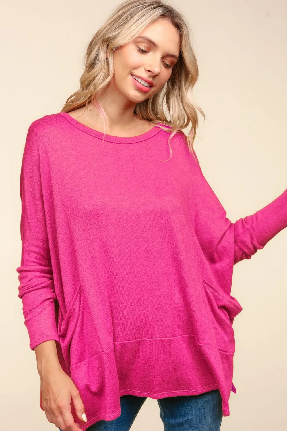 Haptics Dolman Long Sleeve Oversized Knit Top with Pockets - Wellen Fashion