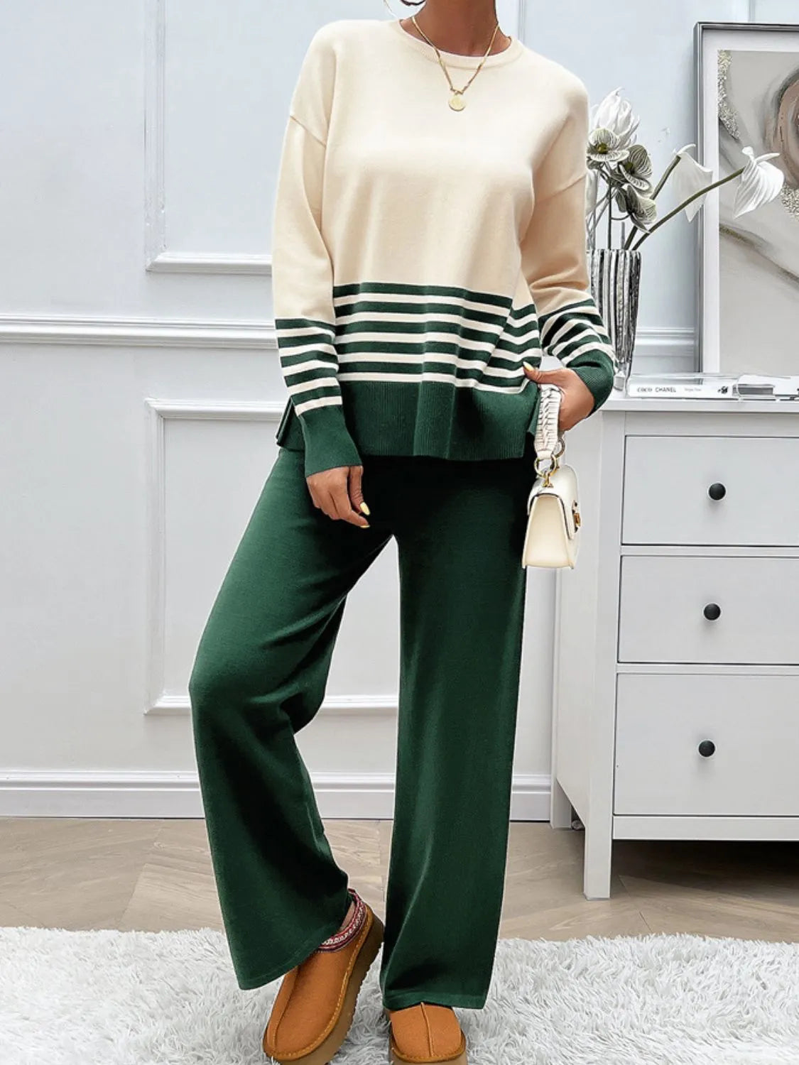 Devine Slit Striped Round Neck Top and Pants Sweater Set - Wellen Fashion