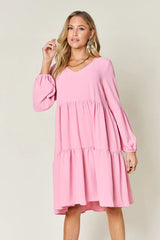 Double Take Full Size V-Neck Balloon Sleeve Tiered Dress with Pockets - Wellen Fashion