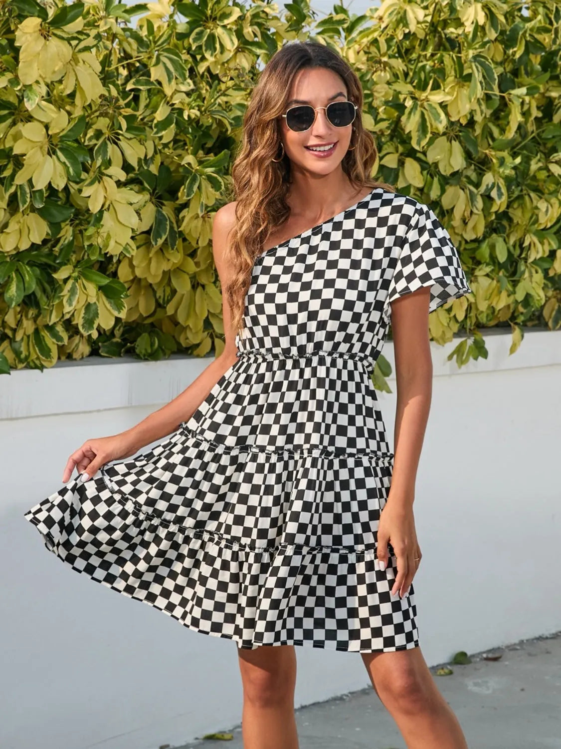 Checkered Single Shoulder Mini Dress - Wellen Fashion