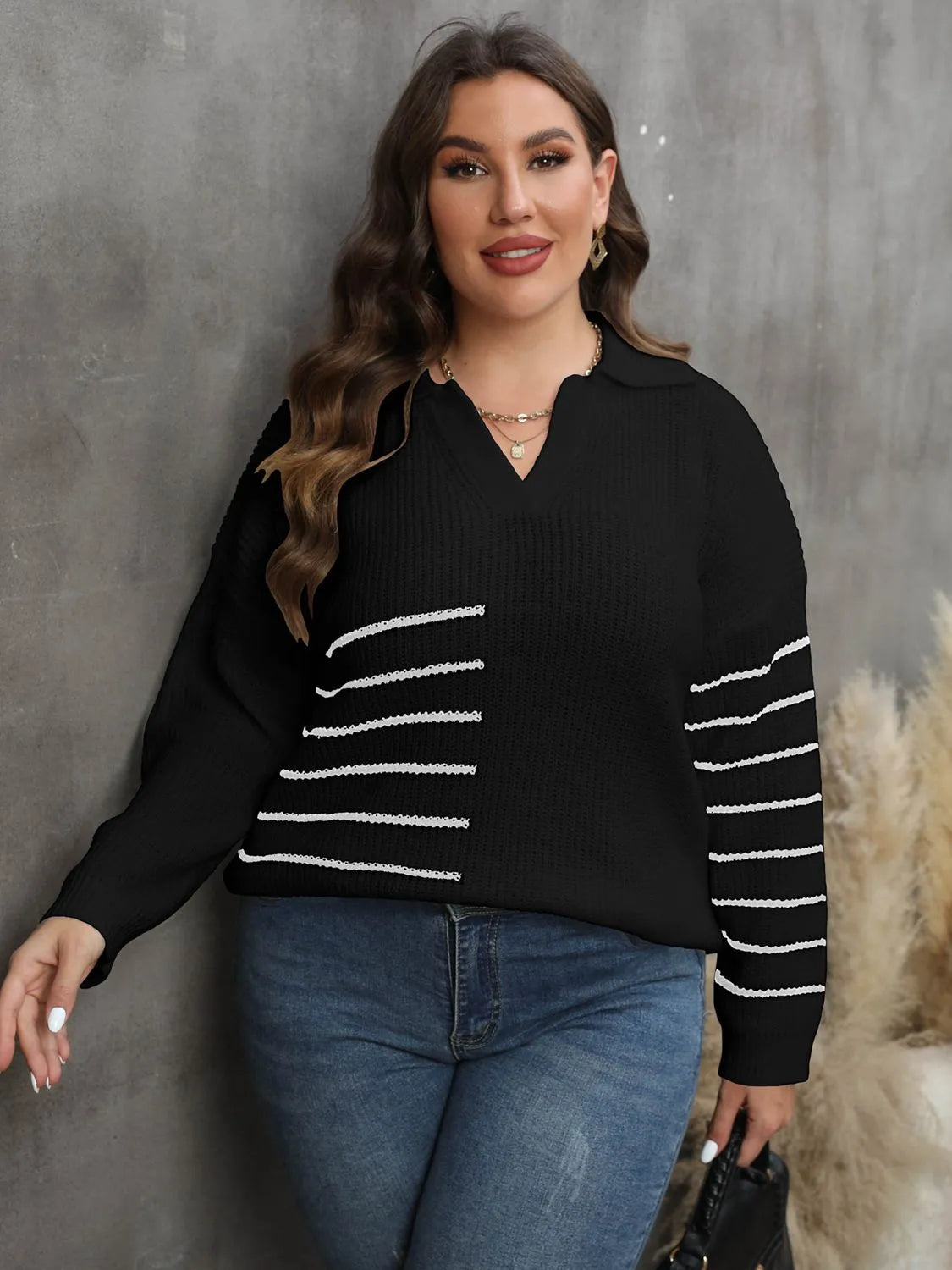 Plus Size Striped V-Neck Sweater - Wellen Fashion