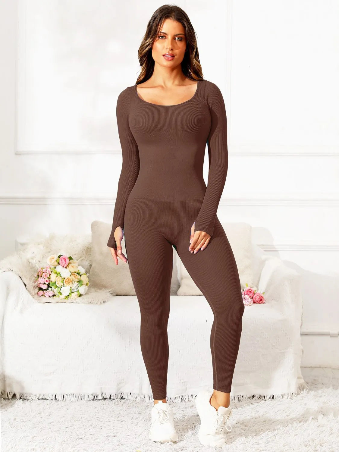 Scoop Neck Long Sleeve Active Jumpsuit - Wellen Fashion