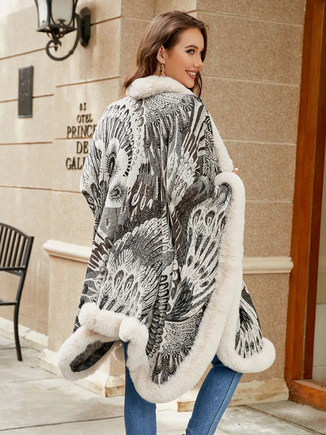 Printed Open Front Poncho - Wellen Fashion