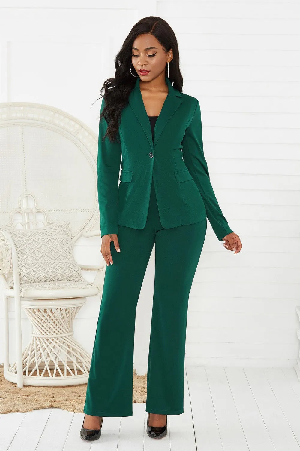 Lapel Collar Long Sleeve Blazer and Pants Set - Wellen Fashion