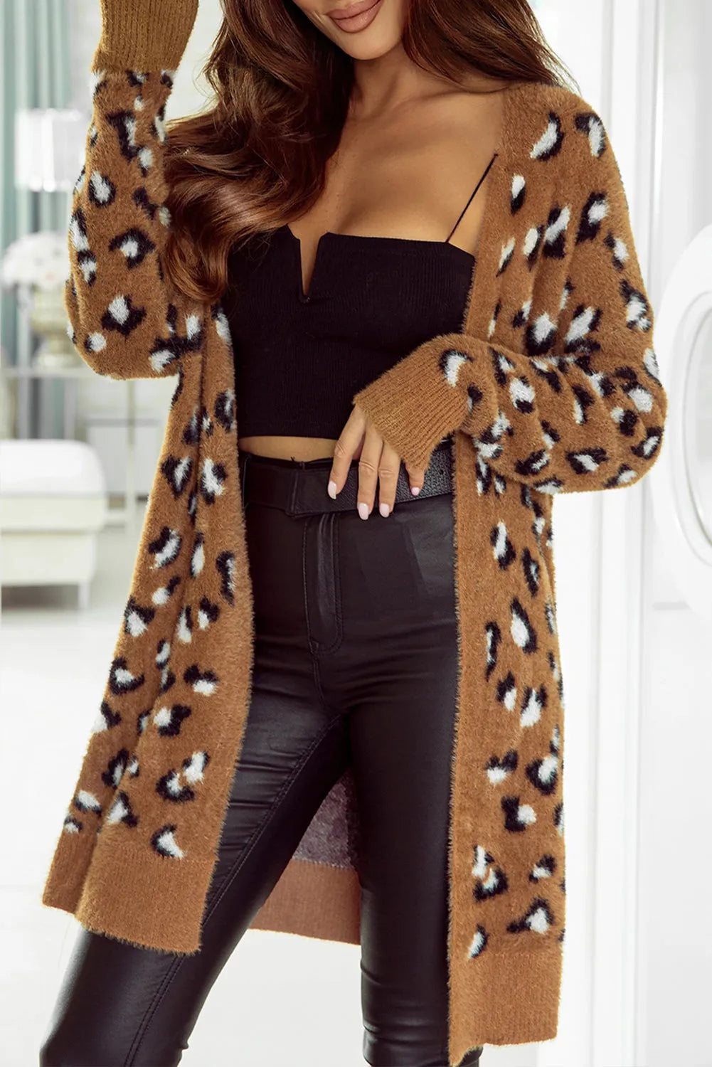 Full Size Leopard Open Front Long Sleeve Cardigan - Wellen Fashion