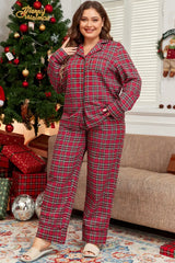 Plus Size Plaid Collared Neck Top and Pants Lounge Set - Wellen Fashion